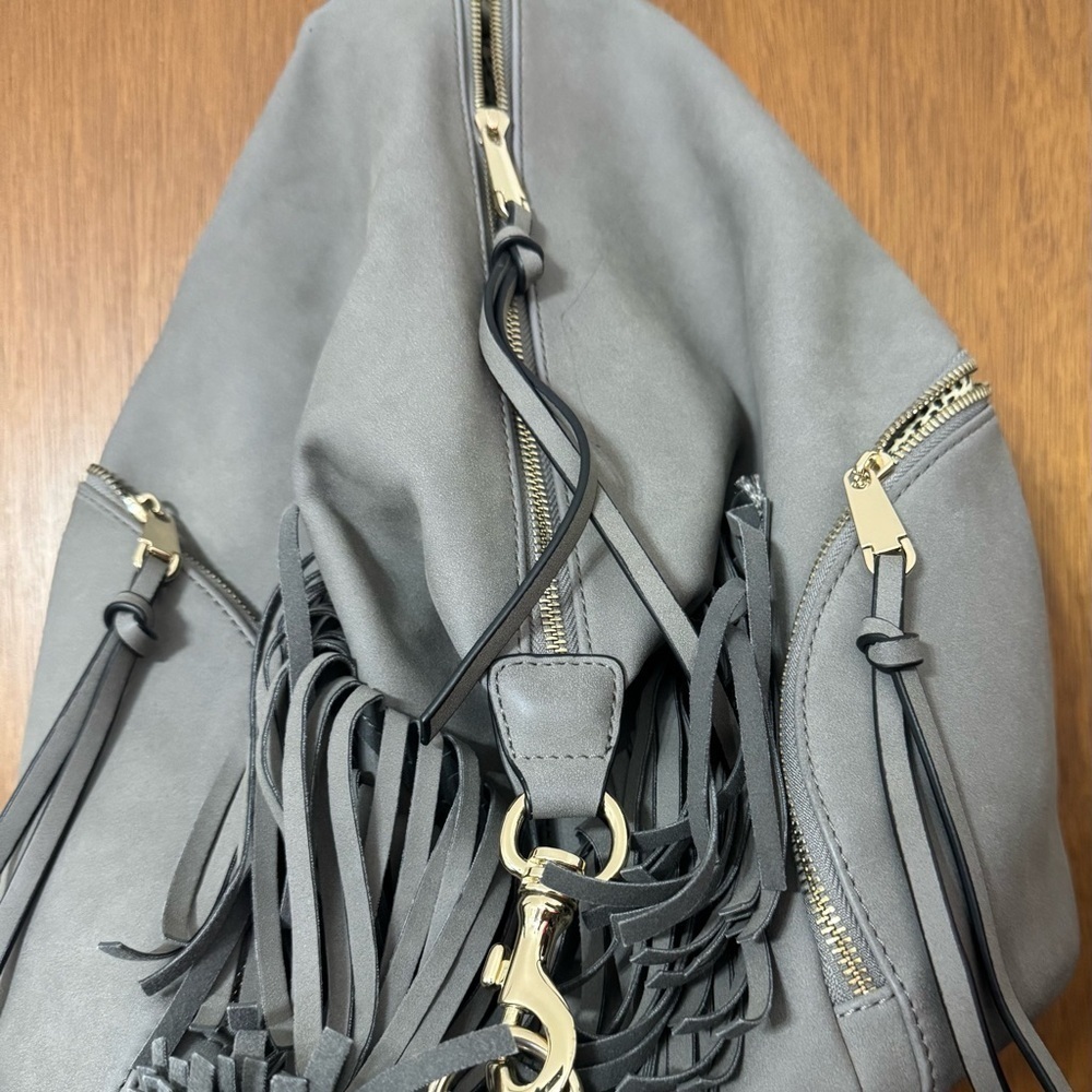Gray Leather like Backpack with Fringe - Picture 2 of 8